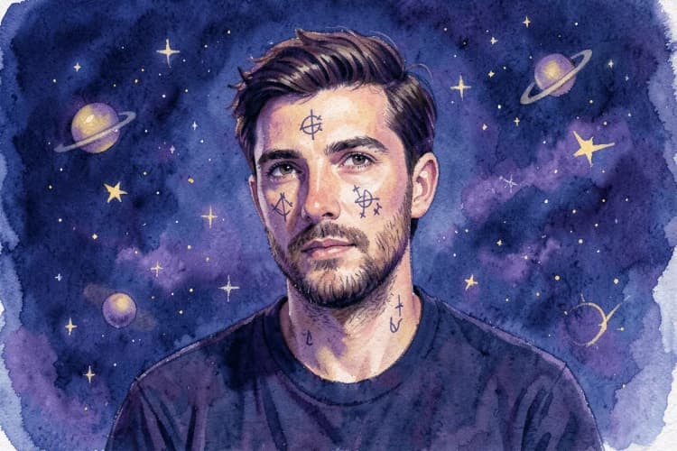 Um homem com peixes e libra como signos, em um fundo azul com estrelas e planetas.