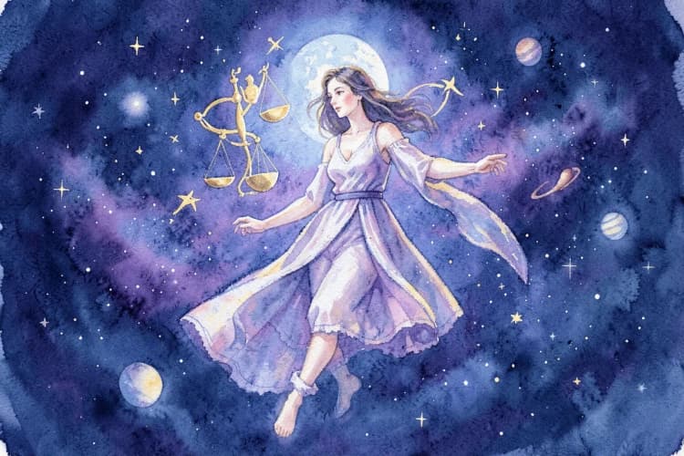 Mulher com balança e peixes como signos, em um fundo azul com estrelas e planetas.