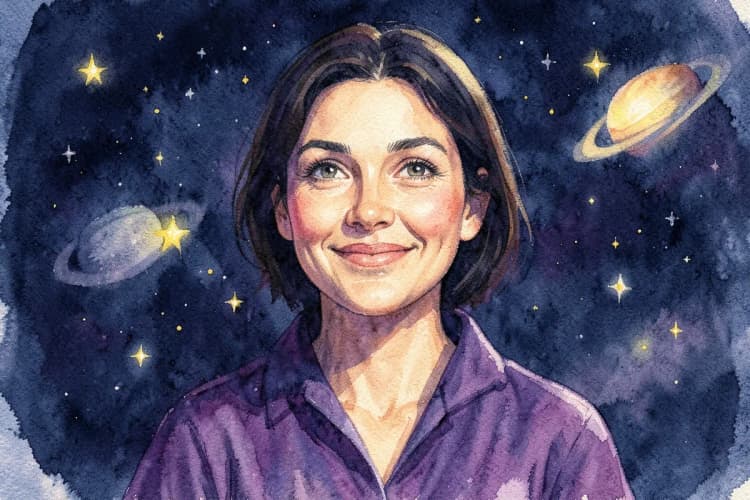 Uma astróloga sorrindo, com um fundo de estrelas e planetas.