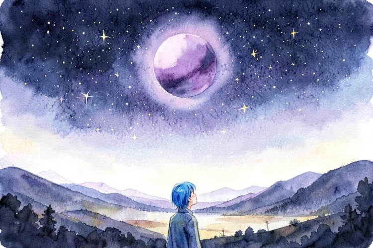 Pessoa com cabelo azul vibrante olhando para o céu estrelado com um planeta roxo flutuando à frente, plano médio, luz suave de nebulosa vindo de cima, momento contemplativo