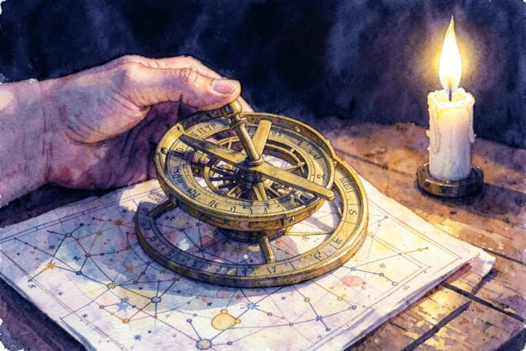 Mão segurando um astrolábio antigo sobre um mapa celeste detalhado, close-up, luz de velas bruxuleante vindo da direita, foco na precisão