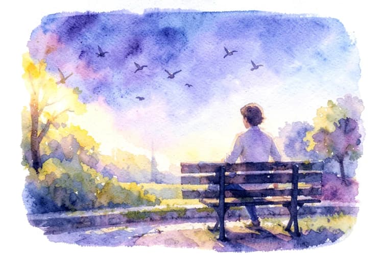Pessoa sentada em um banco de parque observando pássaros voando em um céu claro, plano médio, luz do sol da tarde vindo da esquerda, momento de tranquilidade