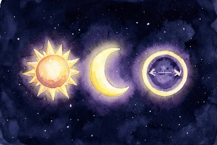 Três símbolos astrológicos — Sol, Lua e um círculo com uma seta — flutuando em um fundo escuro com estrelas, detalhe, luz etérea vindo de trás dos símbolos, representação conceitual