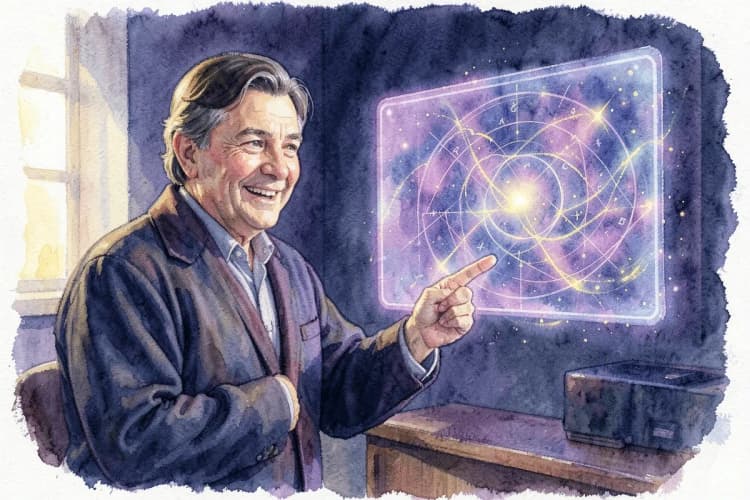 Astróloga sorrindo e apontando para um gráfico astrológico em uma tela holográfica, plano médio, luz suave de escritório vindo da esquerda, explicação didática