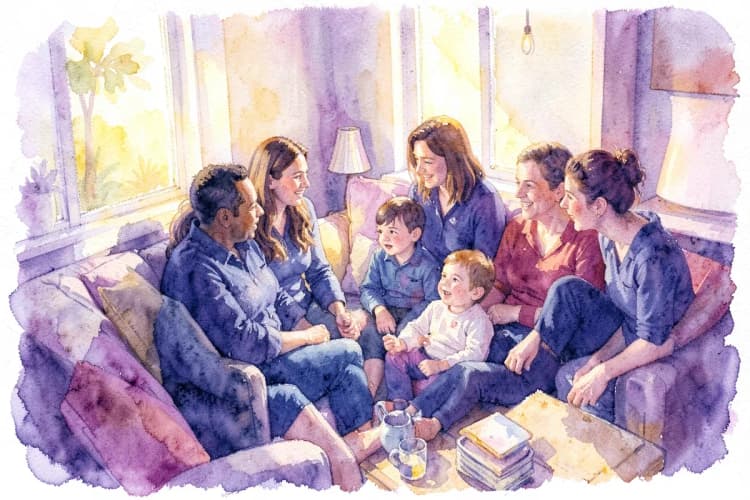 Pessoas diversas interagindo em um ambiente acolhedor, com elementos que remetem à casa e à família.