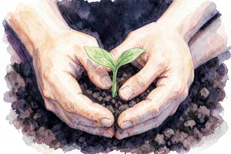Mãos segurando um pequeno broto de planta crescendo em terra, simbolizando cuidado e nutrição.