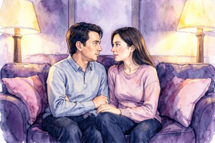Casal sentado em um sofá, conversando de forma íntima e atenta um ao outro.