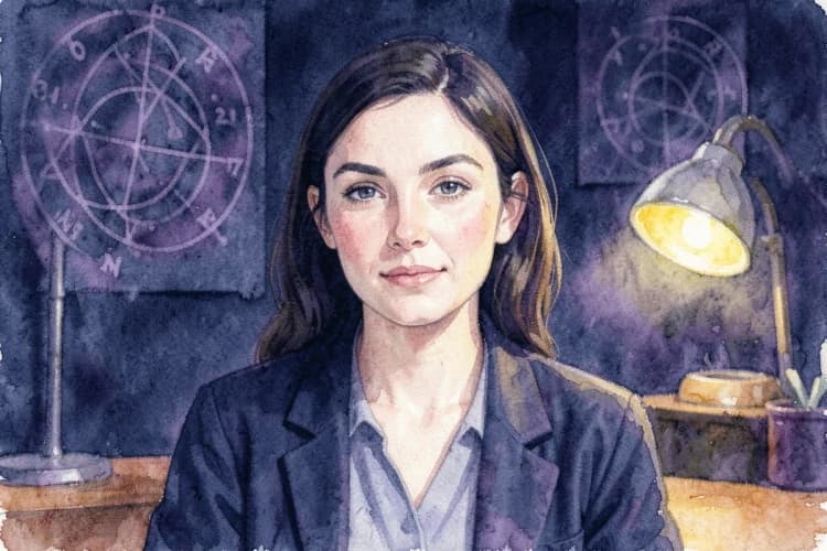 Mulher com expressão serena, em um escritório com iluminação suave e elementos que remetem à astrologia.