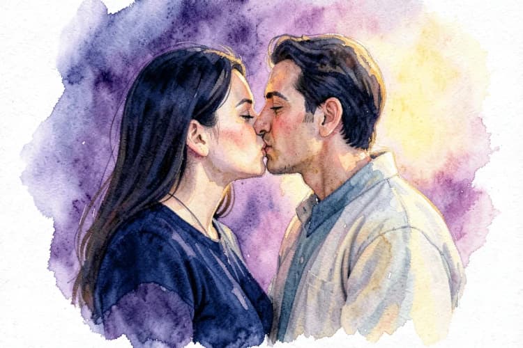Mulher beijando homem apaixonadamente com um fundo desfocado de estrelas.