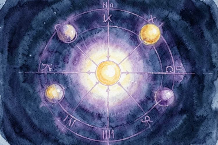Gráfico de astrologia com planetas e signos interligados, simbolizando a influência no beijo.