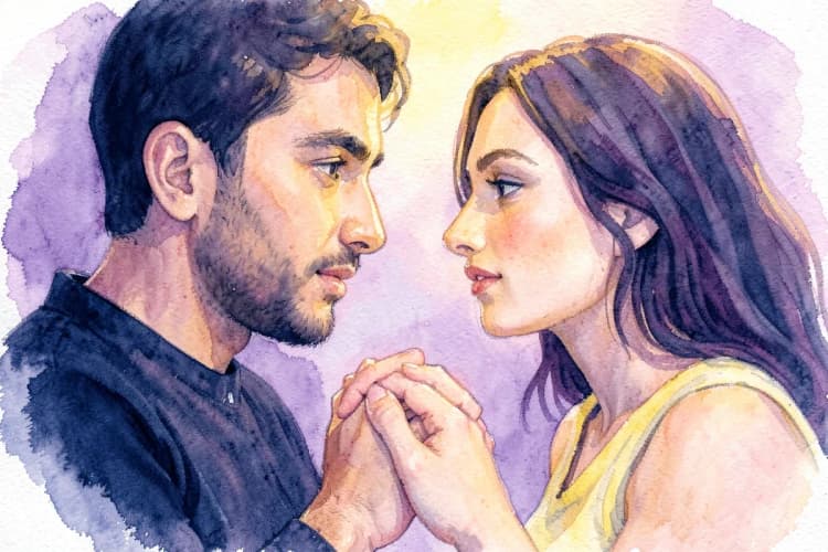 Casal de mãos dadas olhando um para o outro com expectativa, com um brilho sutil ao redor.