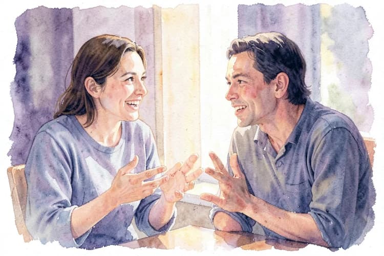 Duas pessoas conversando e sorrindo, com balões de diálogo sutis acima de suas cabeças.