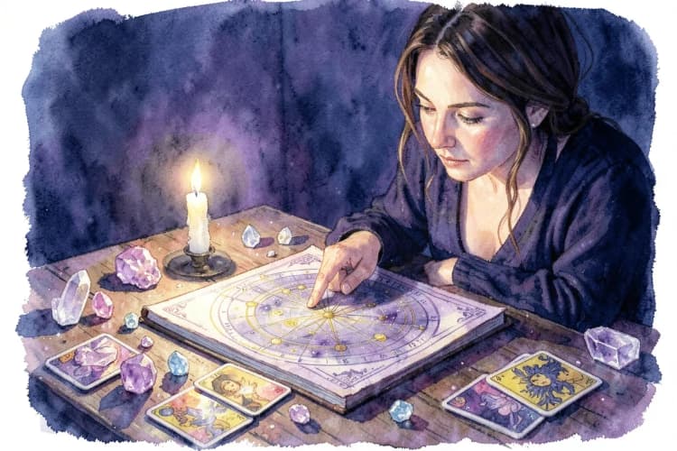Mulher astróloga apontando para um mapa astral em uma mesa com cristais e cartas de tarot.