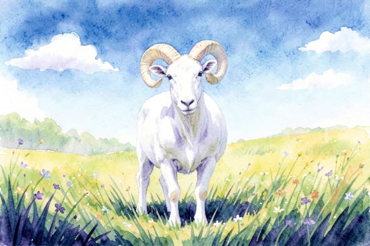 Um carneiro branco com chifres curvos em pé em um campo gramado sob um céu azul claro.