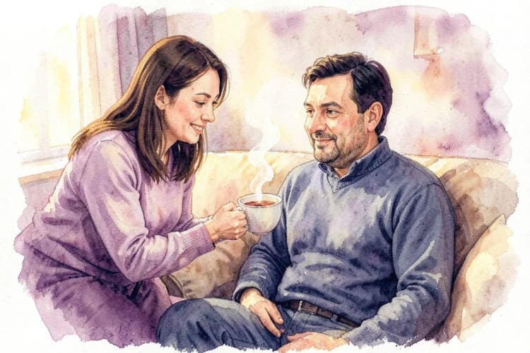 Uma mulher com um sorriso gentil oferece uma xícara de chá fumegante para um homem sentado em um sofá aconchegante.