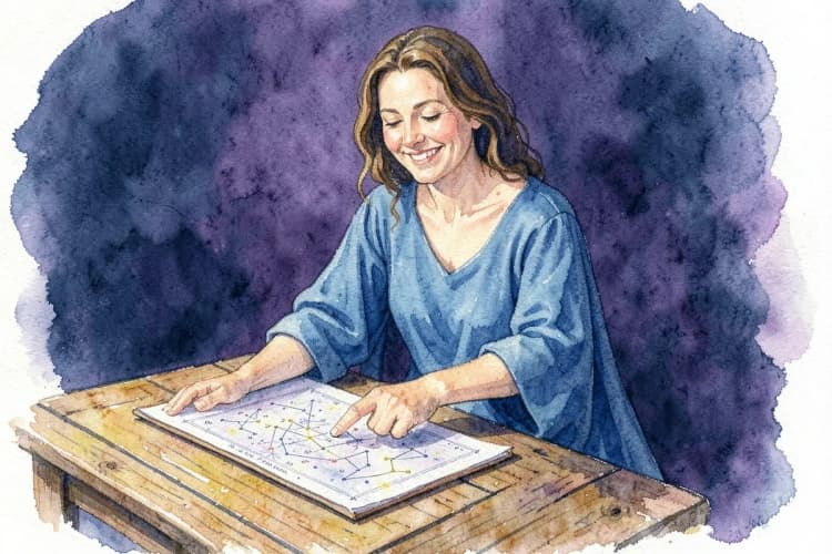 Uma astróloga sorridente, com um vestido azul, aponta para um mapa astral em uma mesa de madeira.