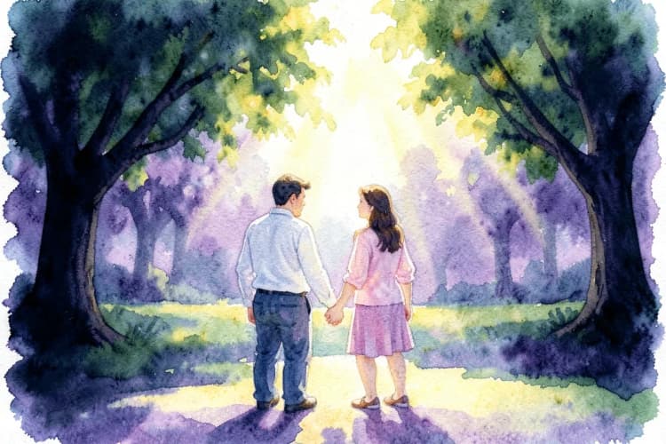 Casal de mãos dadas em um parque, com o sol brilhando entre as árvores.