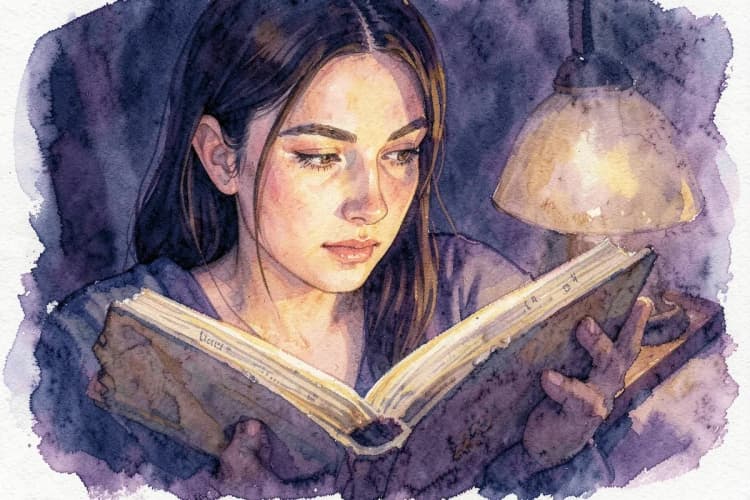 Mulher olhando para um horóscopo em um livro antigo.