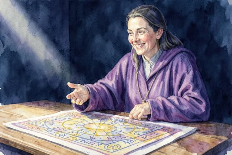 Astróloga sorrindo e apontando para um mapa astral em uma mesa.
