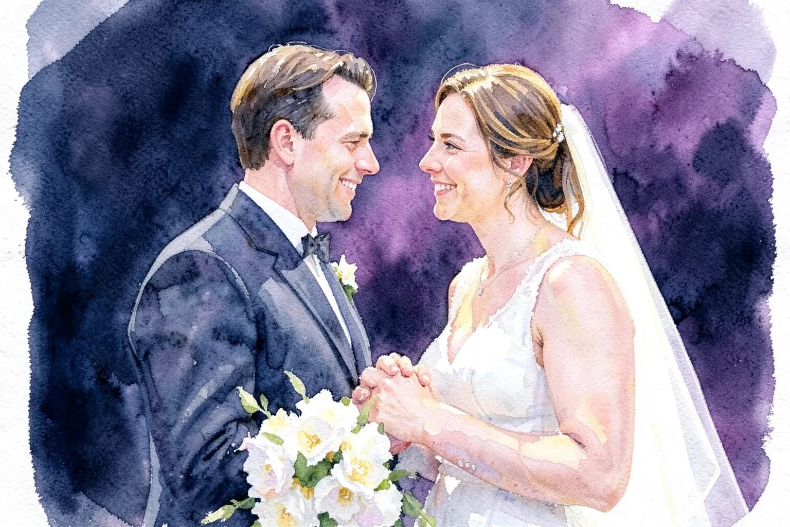 Casal de noivos sorrindo um para o outro, com as mãos dadas e um buquê de flores brancas em primeiro plano.