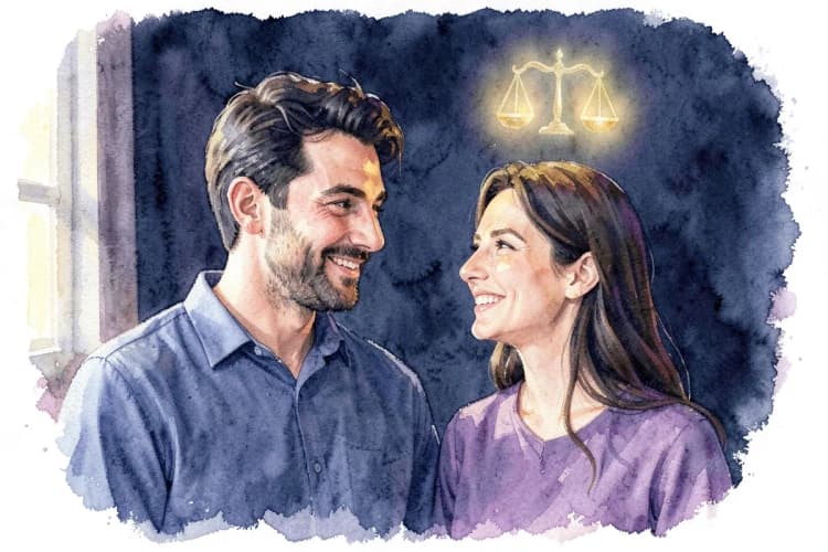 Um casal sorrindo um para o outro, com os símbolos de Áries e Libra em destaque entre eles.