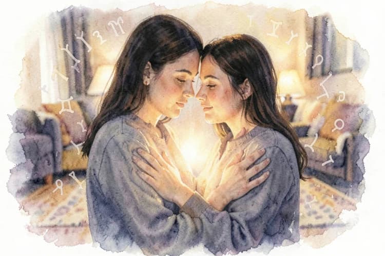 Um casal abraçado, com um brilho sutil emanando de seus corações e símbolos de signos do zodíaco ao redor.