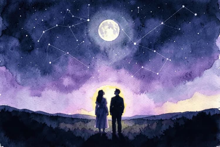 Silhuetas de um casal olhando para um céu estrelado com constelações visíveis.