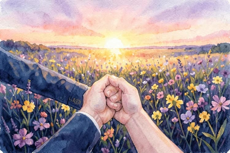 Um casal de mãos dadas caminhando em um campo florido ao pôr do sol.
