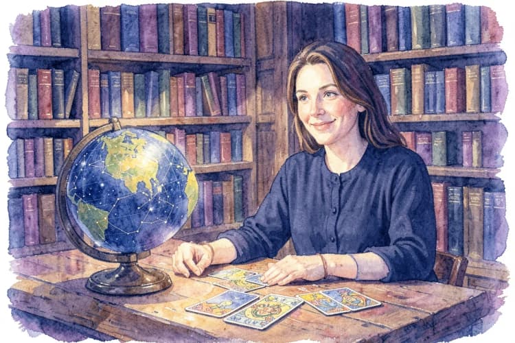 Uma astróloga sorrindo, com um globo celestial e cartas de tarot sobre uma mesa.