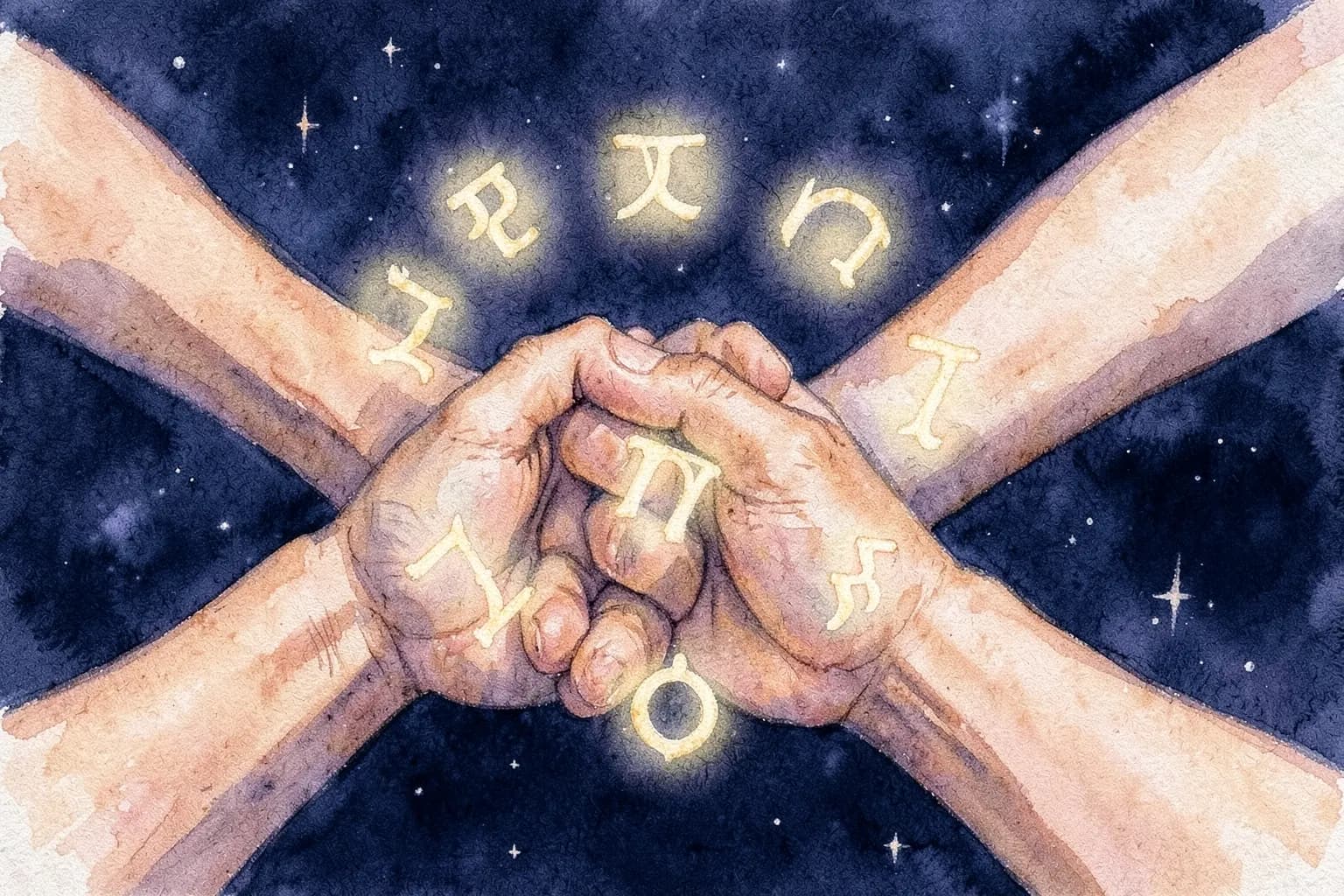 Um casal de mãos dadas com os símbolos dos signos do zodíaco flutuando entre elas, em um fundo cósmico.