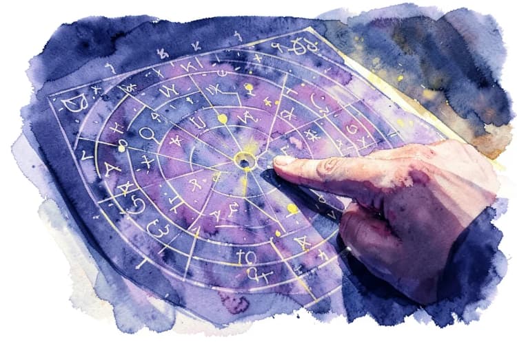 Um astrólogo aponta para um mapa celestial complexo com símbolos de planetas e signos do zodíaco.