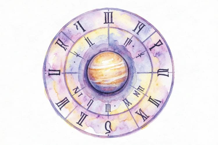 Um close-up de um horóscopo com os doze signos do zodíaco dispostos em círculo, com um planeta no centro.