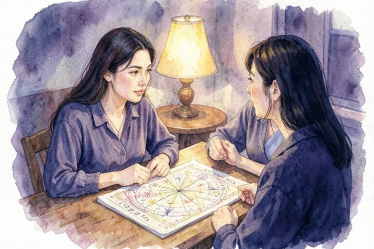 Uma astróloga experiente conversa com uma cliente, mostrando um mapa astral em uma mesa.