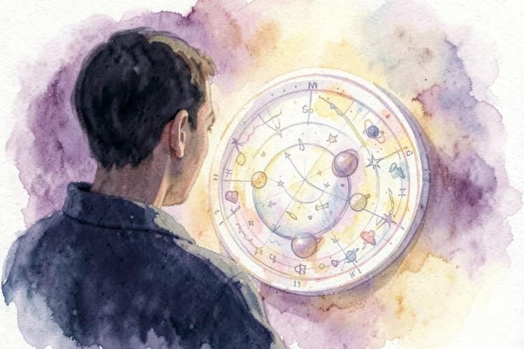 Uma pessoa olhando para um gráfico de ciclo de vida com planetas e símbolos astrológicos.