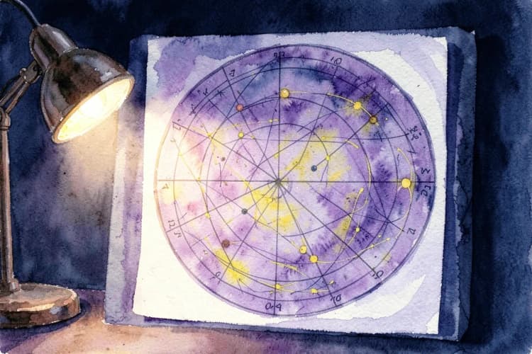 Um mapa astral com linhas conectando planetas e casas astrológicas.