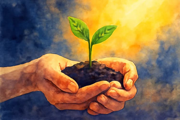 Mãos segurando um pequeno broto de planta crescendo em solo fértil.
