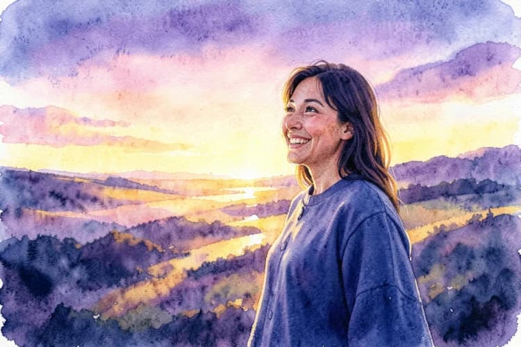 Uma pessoa sorrindo e olhando para o horizonte ao nascer do sol.