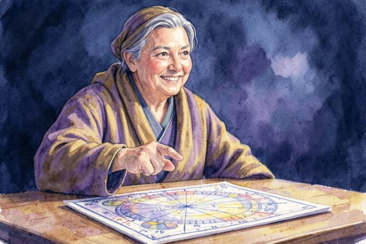 Uma astróloga sorrindo e apontando para um mapa astral em uma mesa.