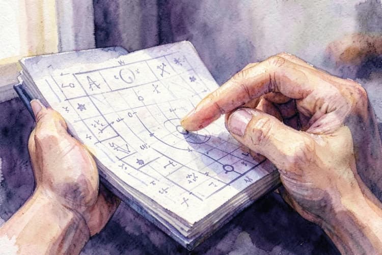 Mãos segurando um mapa astral aberto, com um dedo apontando para um planeta específico.