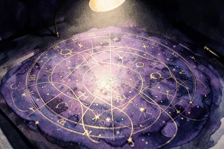 Um close-up de um mapa astral com vários símbolos astrológicos e linhas conectando-os.