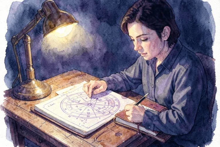 Uma pessoa sentada em uma mesa com um mapa astral e um caderno, escrevendo anotações.