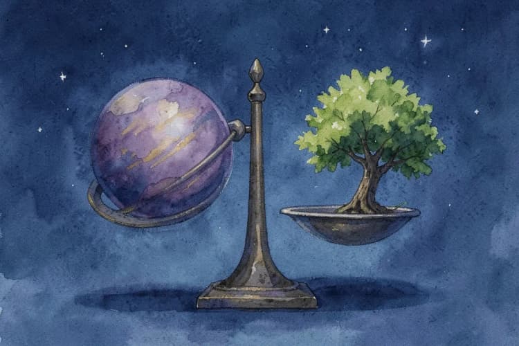 Uma balança equilibrada com um planeta de um lado e uma árvore crescendo do outro, sobre um fundo de céu noturno.