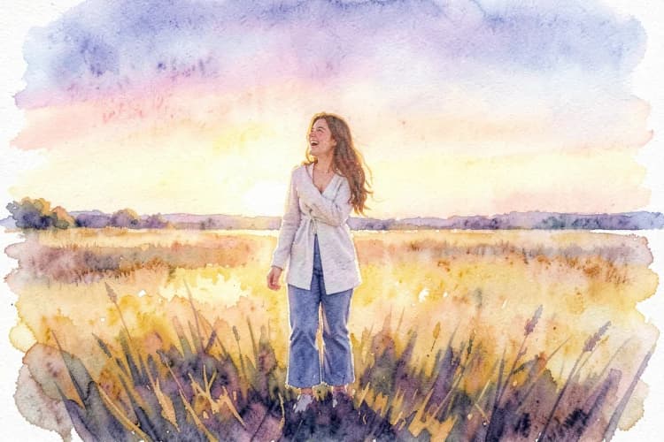 Uma pessoa sorrindo e olhando para o horizonte em um campo aberto ao nascer do sol.