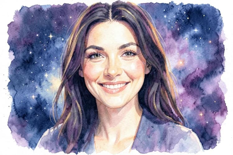 Uma mulher sorrindo e olhando diretamente para a câmera, com um fundo desfocado de estrelas e nebulosas.