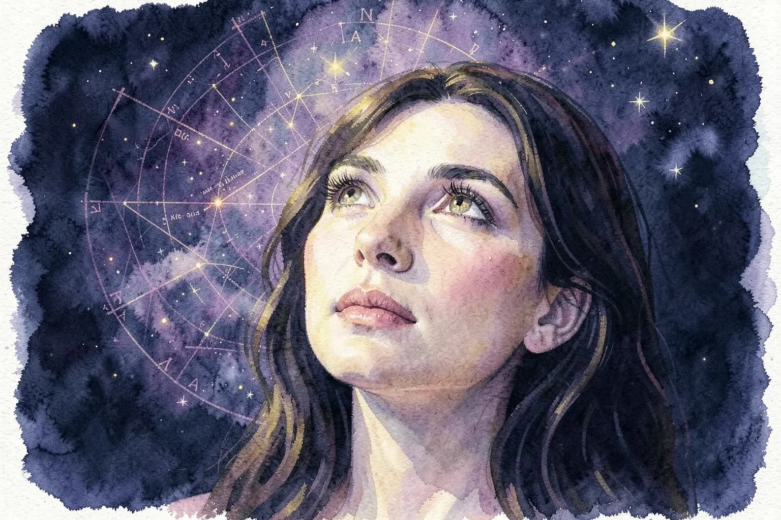 Uma mulher com um olhar pensativo olhando para um céu estrelado com um mapa astral sobreposto, em tons de azul e dourado.
