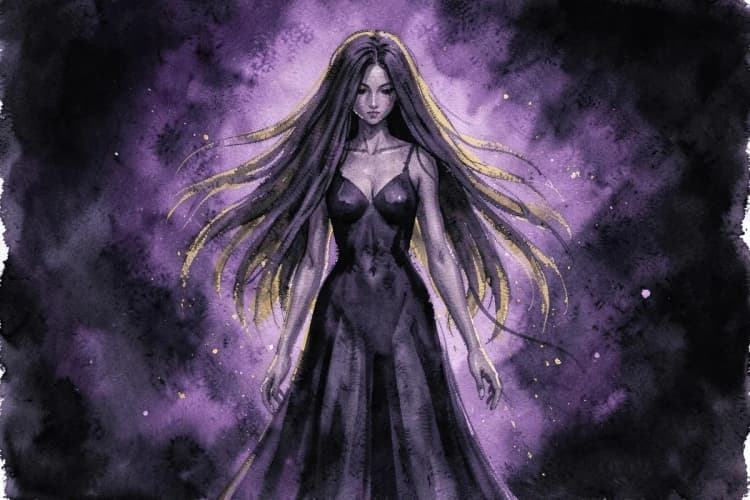 Ilustração de Lilith como uma figura feminina forte e sombria, com cabelos longos e esvoaçantes, em um fundo cósmico com tons de roxo e preto.