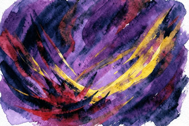 Representação visual de energias caóticas e selvagens, com tons de vermelho, preto e dourado, em um fundo abstrato.