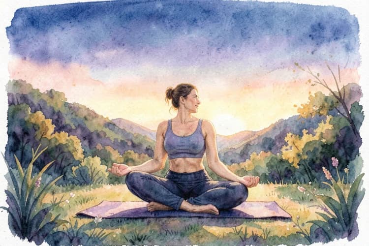 Mulher praticando yoga em um ambiente natural ao pôr do sol, com uma expressão de paz e força interior.