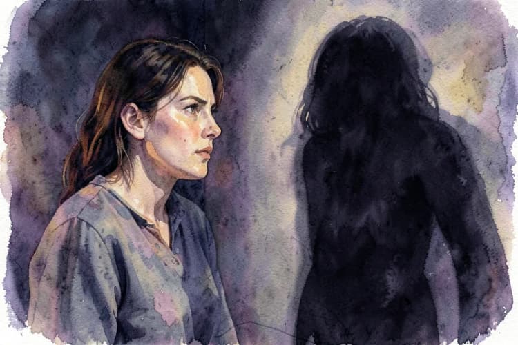 Mulher confrontando uma sombra escura que se projeta em uma parede, simbolizando desafios internos, em um quarto com pouca luz.