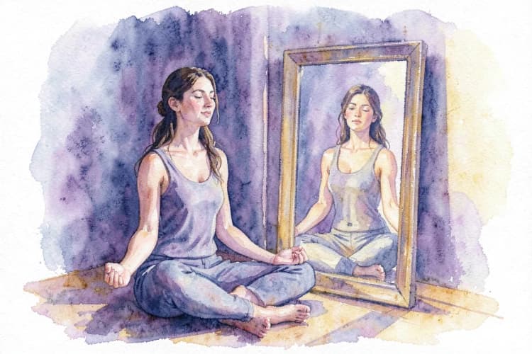 Mulher meditando em frente a um espelho que reflete uma imagem mais forte e confiante de si mesma, em um ambiente sereno.